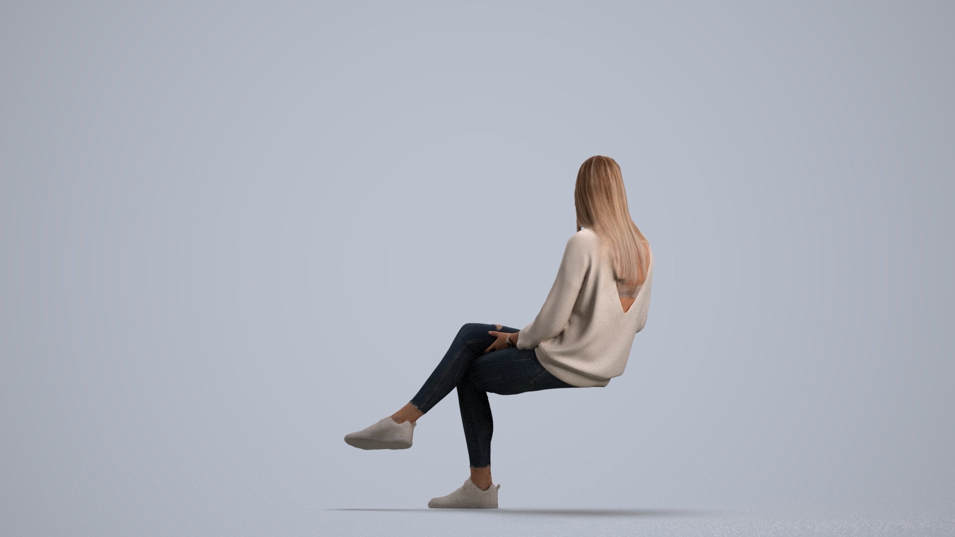 3D scanned woman sitting casual, photorealistic archviz people for Enscape and SketchUp, front view render