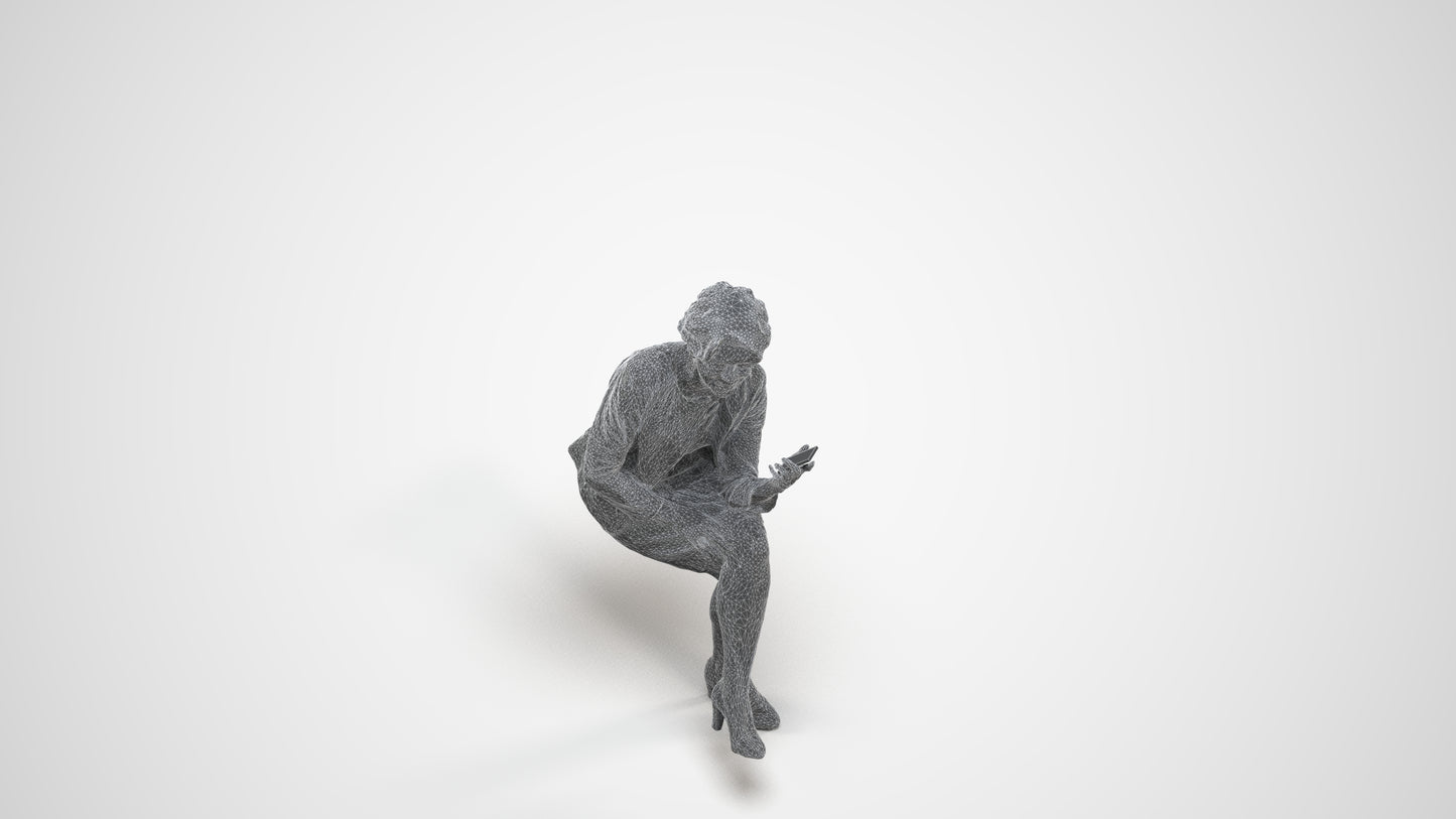realistic 3D human woman business sitting, archviz people FBX OBJ for Blender, wireframe three-quarter view