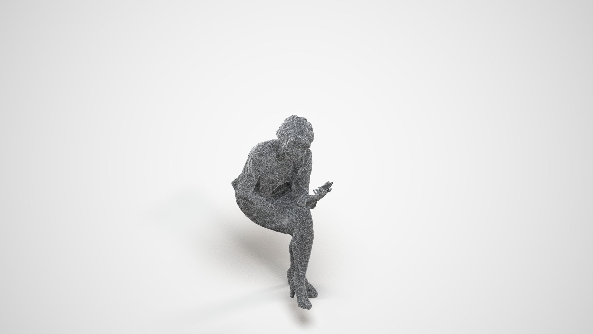 realistic 3D human woman business sitting, archviz people FBX OBJ for Blender, wireframe three-quarter view