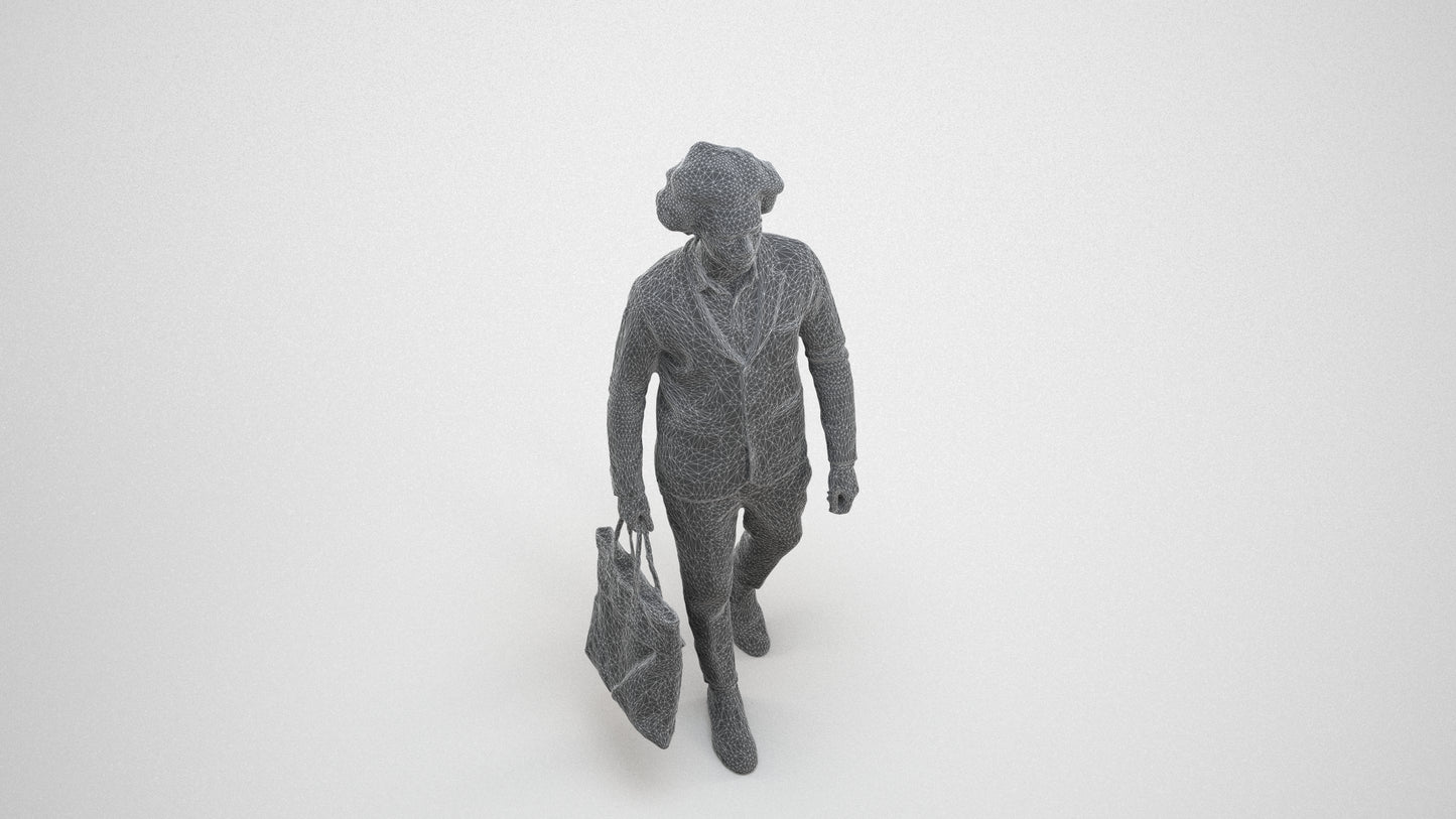 3D human model man business walking, photogrammetry scanned person for archviz, wireframe three-quarter view