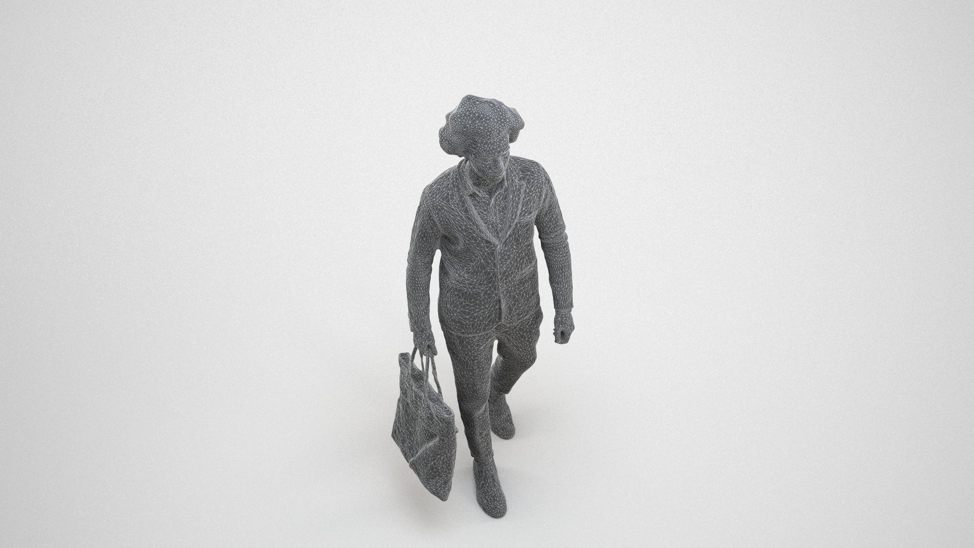 3D human model man business walking, photogrammetry scanned person for archviz, wireframe three-quarter view