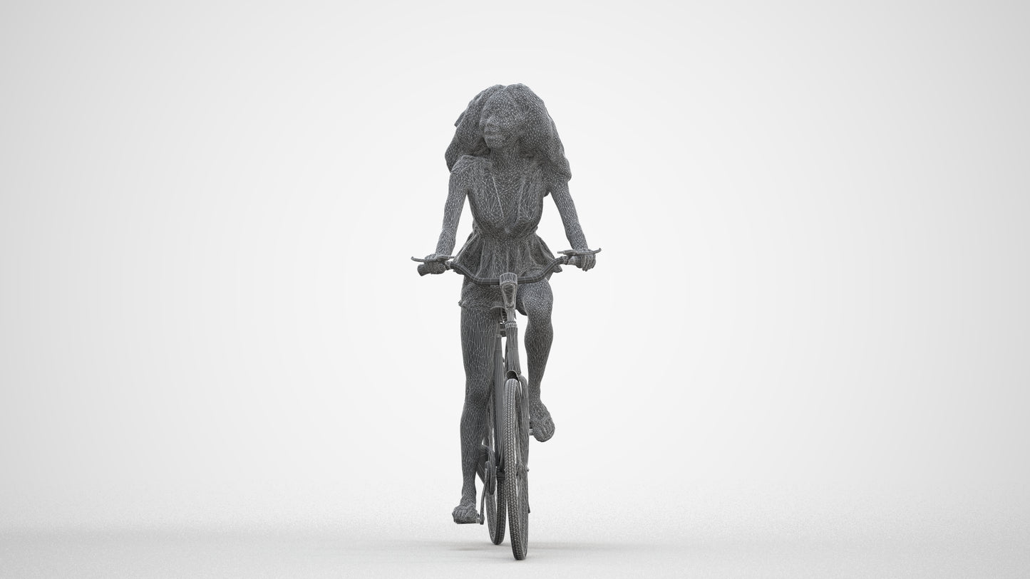 3D scanned woman cycling casual, photorealistic archviz people for Enscape and SketchUp, three-quarter front view render