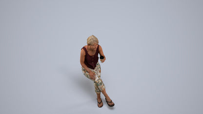 3D human model senior woman sitting, photogrammetry scanned person for archviz, back view render