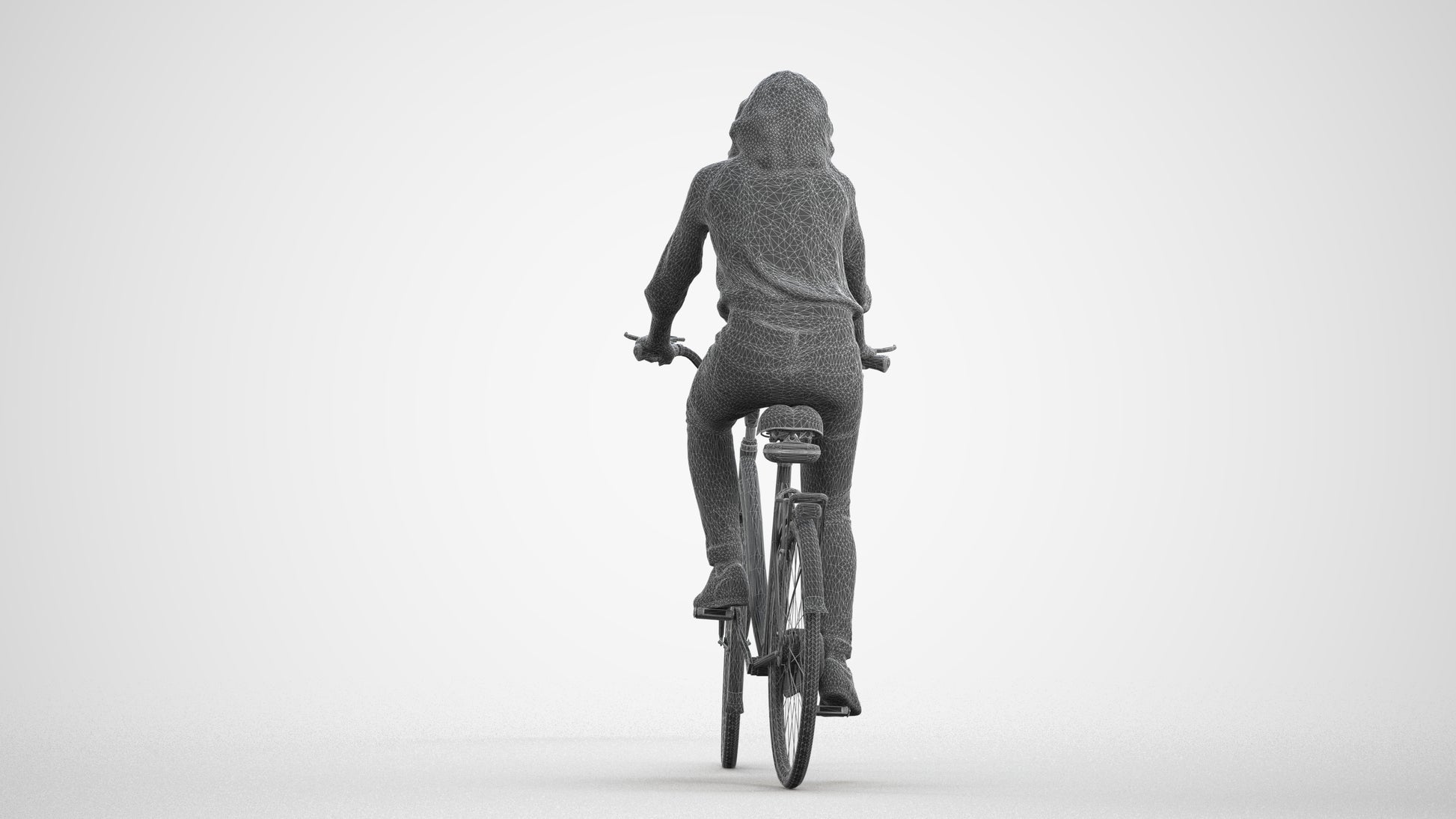 realistic 3D woman casual cycling, scanned archviz people for Blender and 3ds Max, wireframe front view