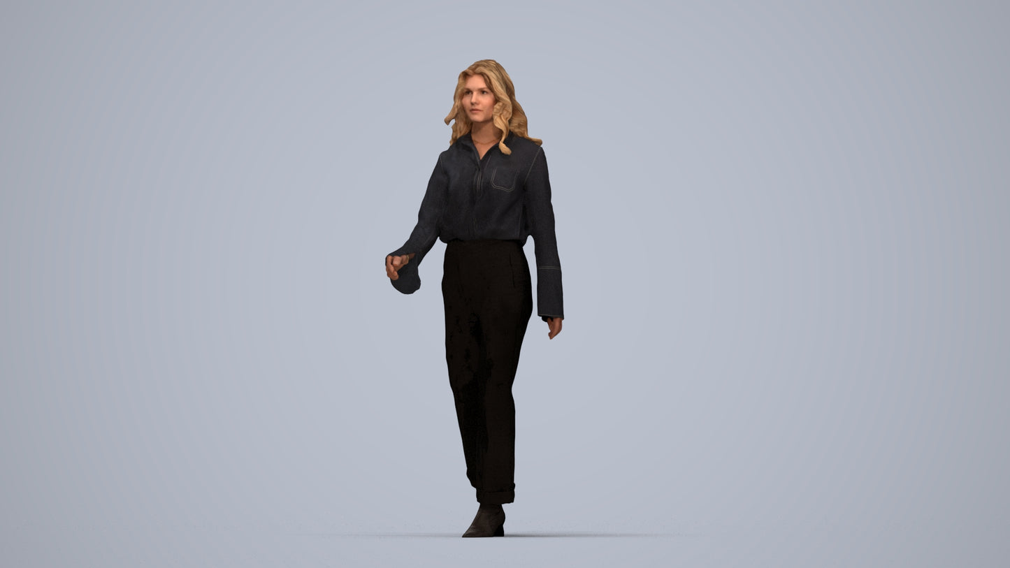 3D human model woman casual walking, photogrammetry scanned person for archviz, top-down view render