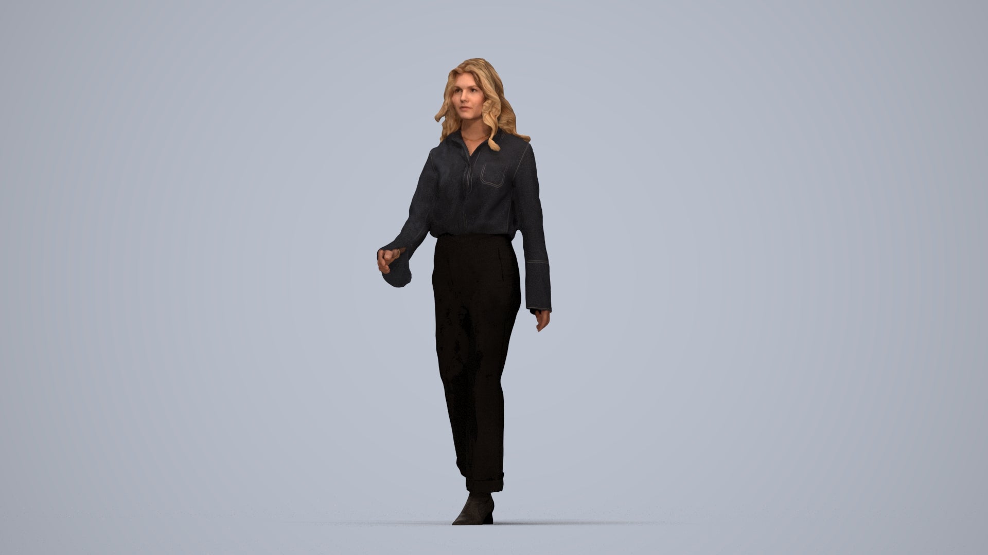 3D human model woman casual walking, photogrammetry scanned person for archviz, top-down view render