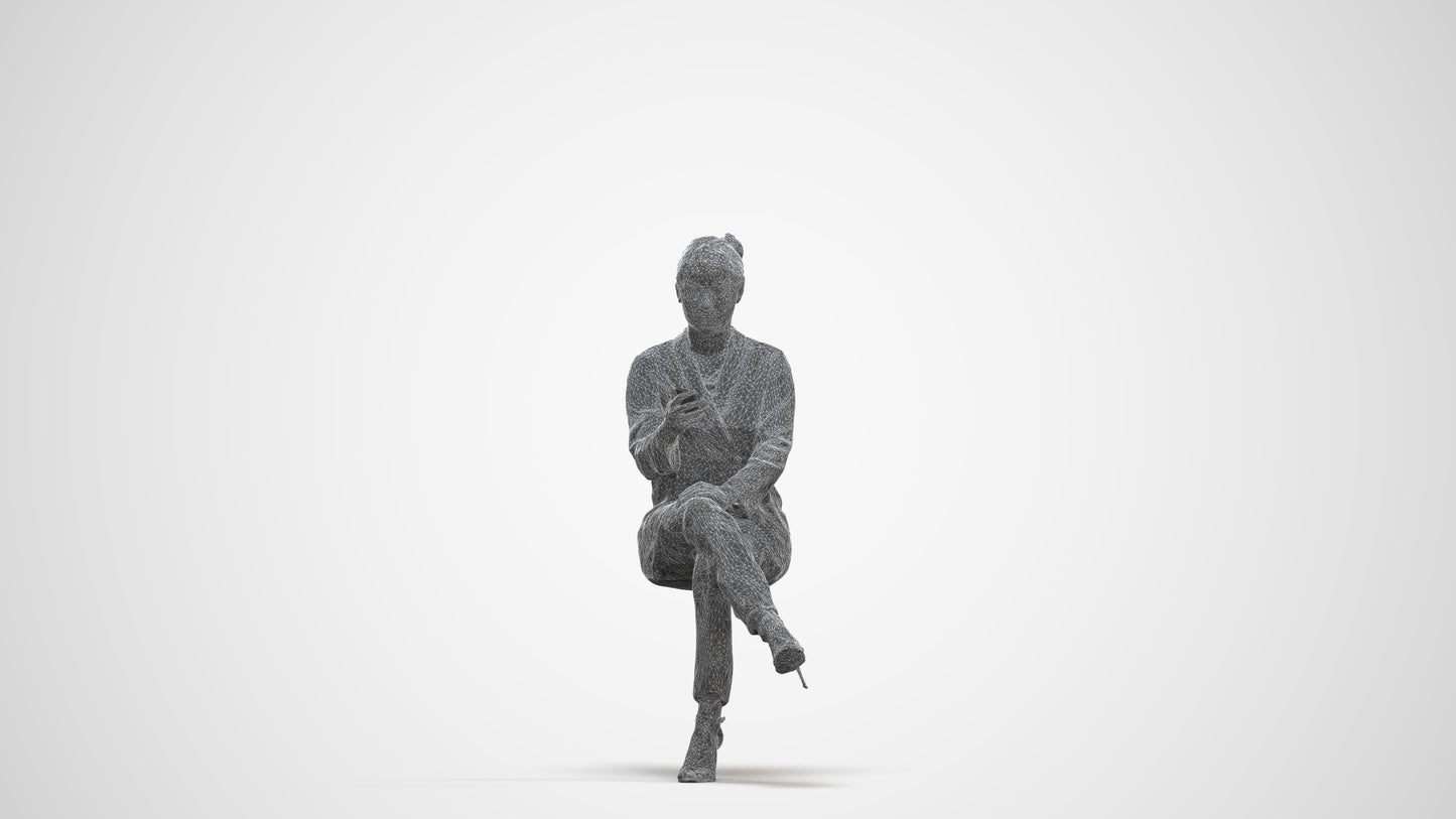3D human model woman business sitting, photogrammetry scanned person for archviz, three-quarter front view render