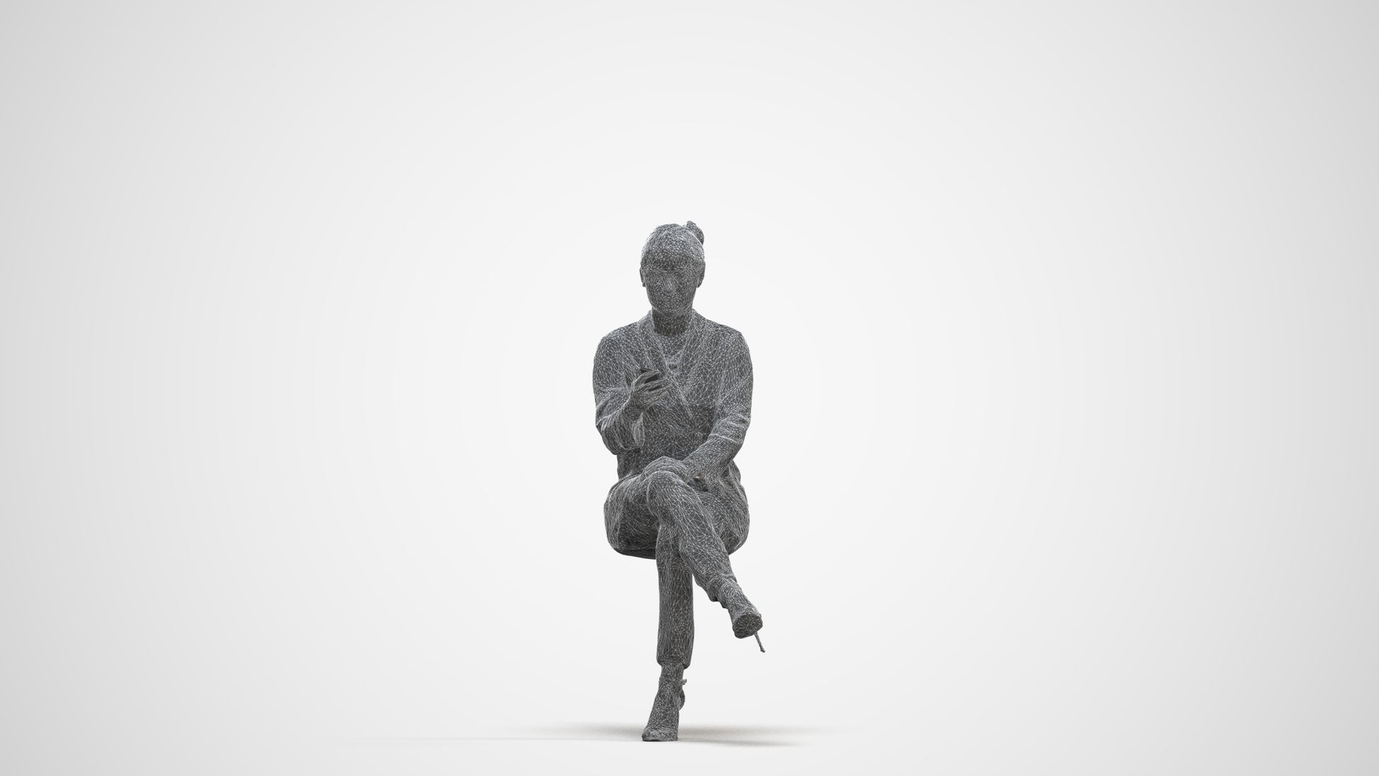 3D human model woman business sitting, photogrammetry scanned person for archviz, three-quarter front view render