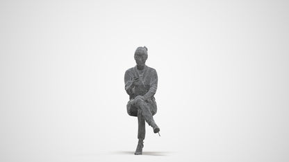 3D human model woman business sitting, photogrammetry scanned person for archviz, three-quarter front view render