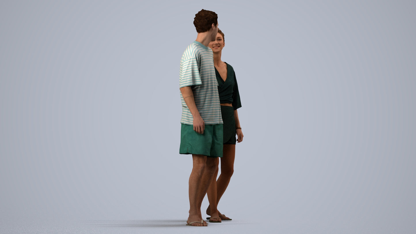 realistic 3D woman casual couple, scanned archviz people for Blender and 3ds Max, side view render