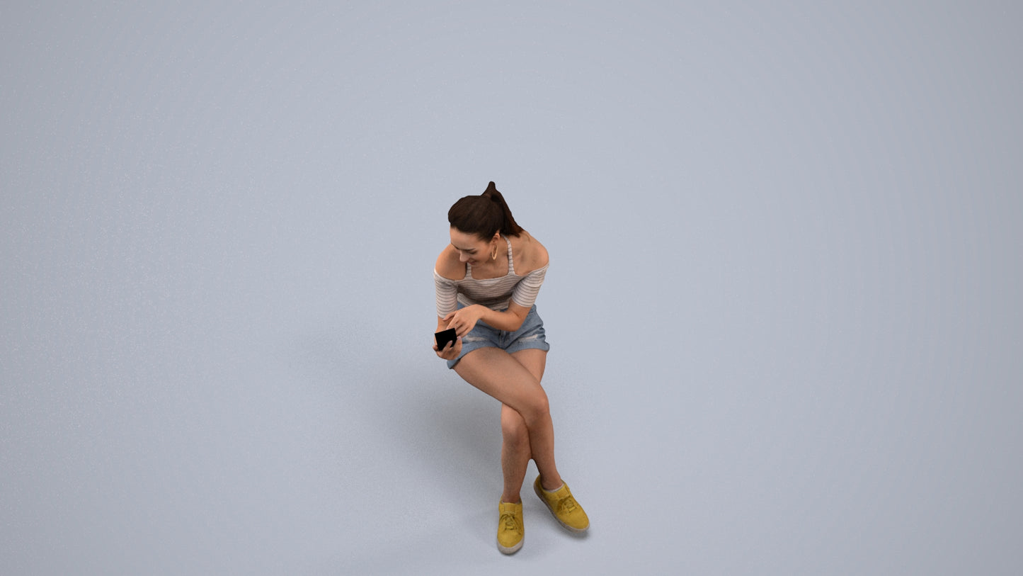realistic 3D woman casual sitting, scanned archviz people for Blender and 3ds Max, back view render