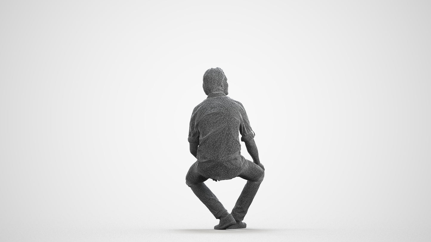 3D scanned man sitting casual, photorealistic archviz people for Enscape and SketchUp, wireframe front view