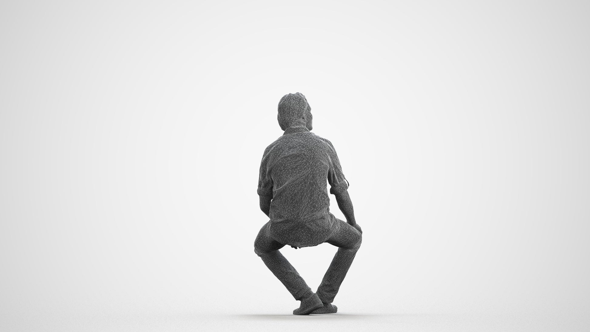 3D scanned man sitting casual, photorealistic archviz people for Enscape and SketchUp, wireframe front view
