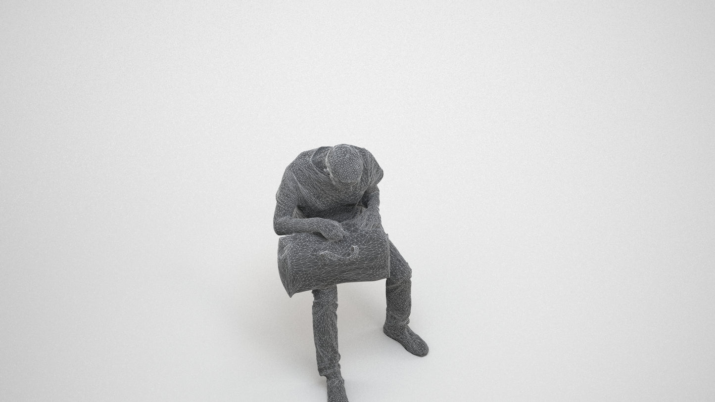 realistic 3D people senior man casual sitting, render-ready for V-Ray and Corona, FBX OBJ, wireframe three-quarter view