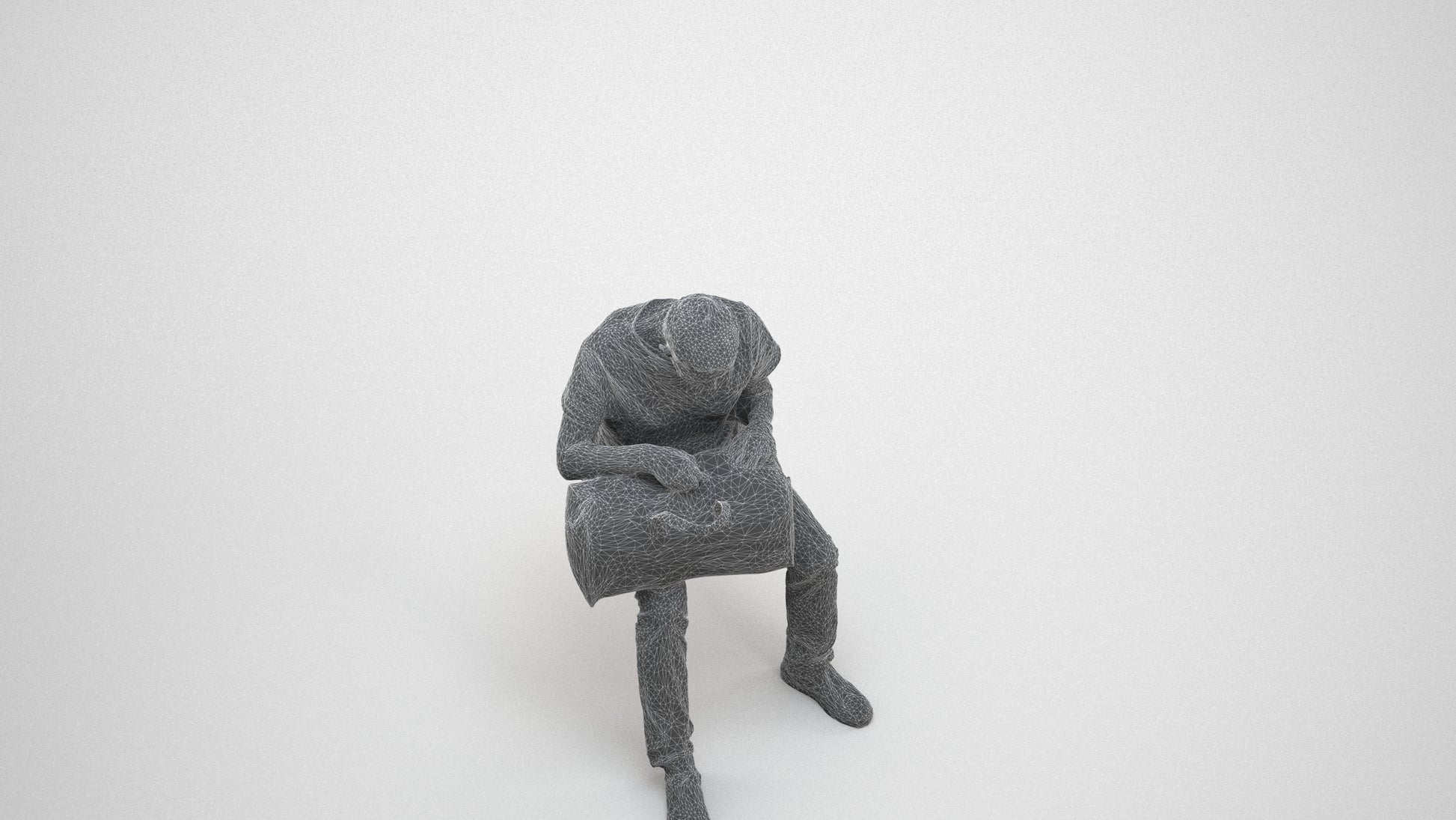 realistic 3D people senior man casual sitting, render-ready for V-Ray and Corona, FBX OBJ, wireframe three-quarter view