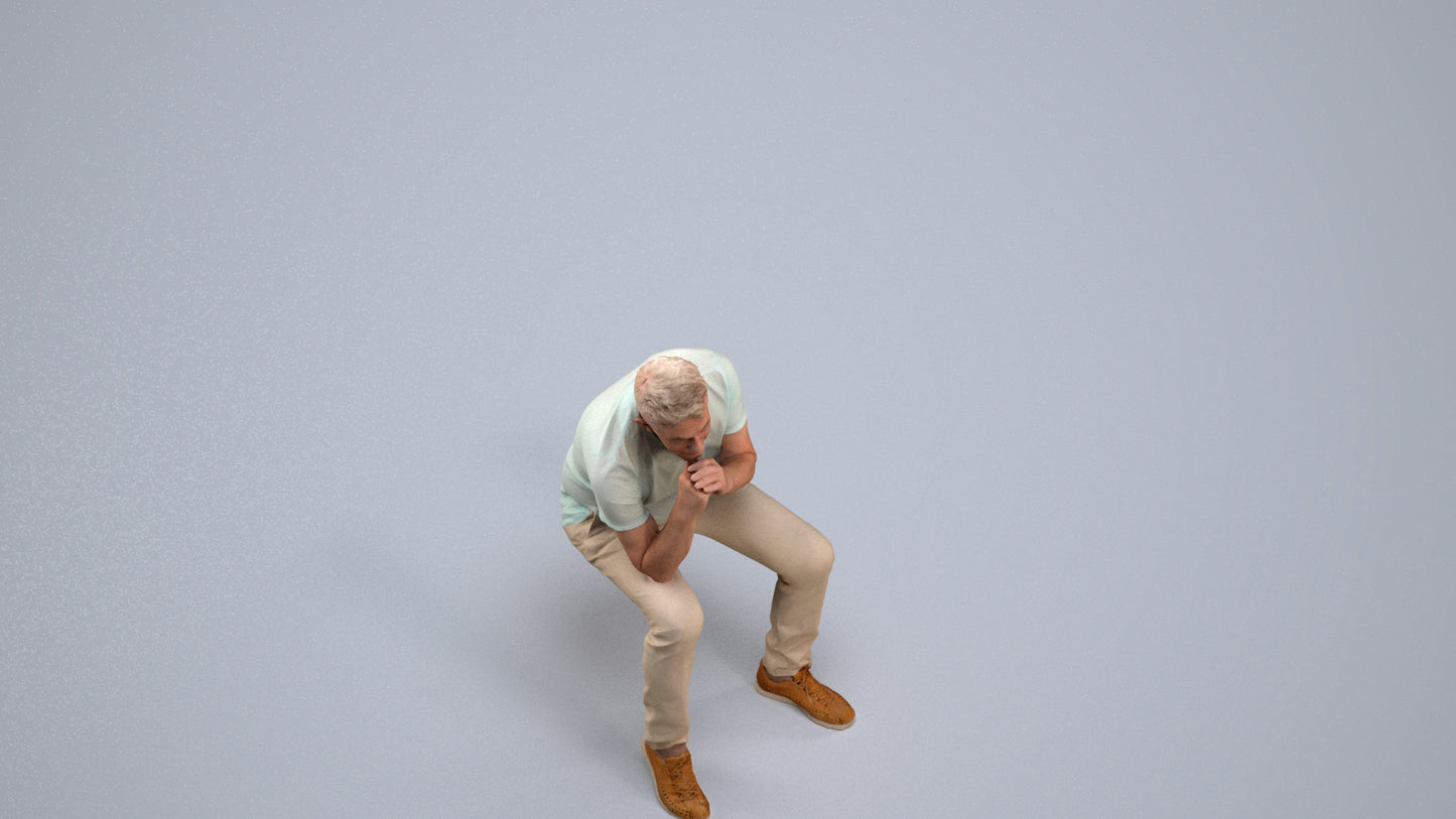 realistic 3D senior man casual sitting, scanned archviz people for Blender and 3ds Max, back view render