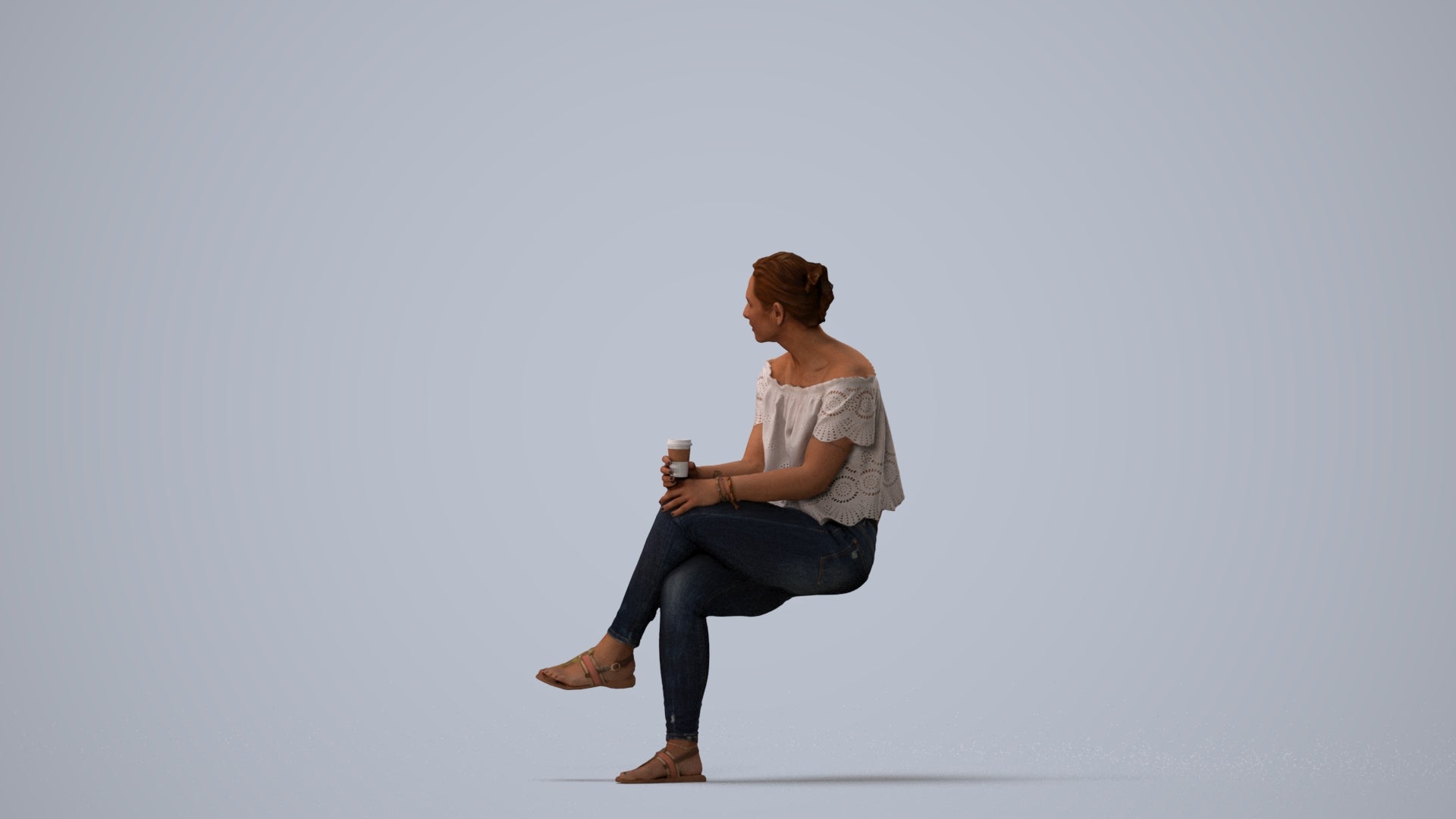 3D people model woman casual sitting, scanned human for 3ds Max rendering, three-quarter view render