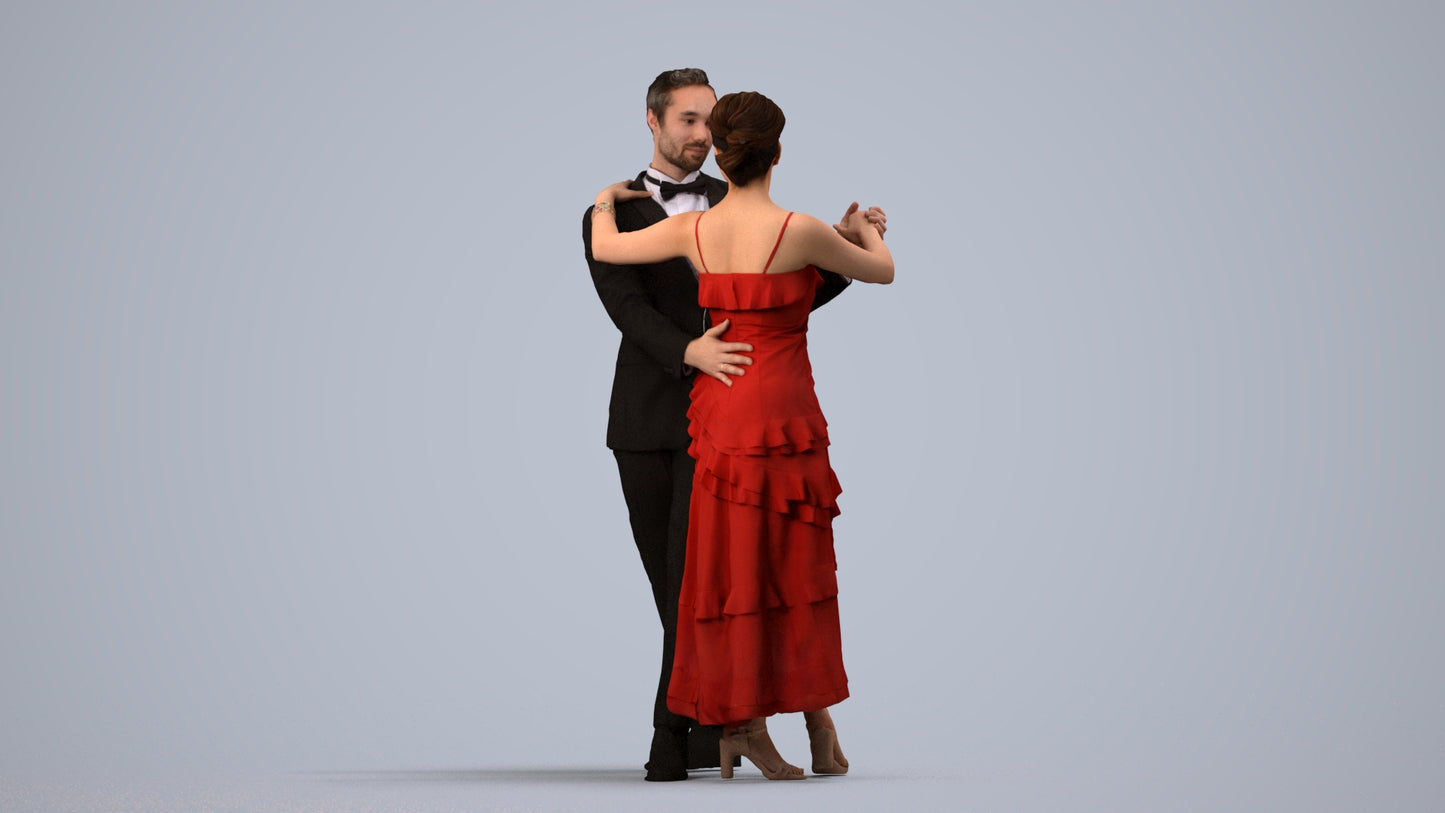 3D human model woman formal dancing, photogrammetry scanned person for archviz, side view render