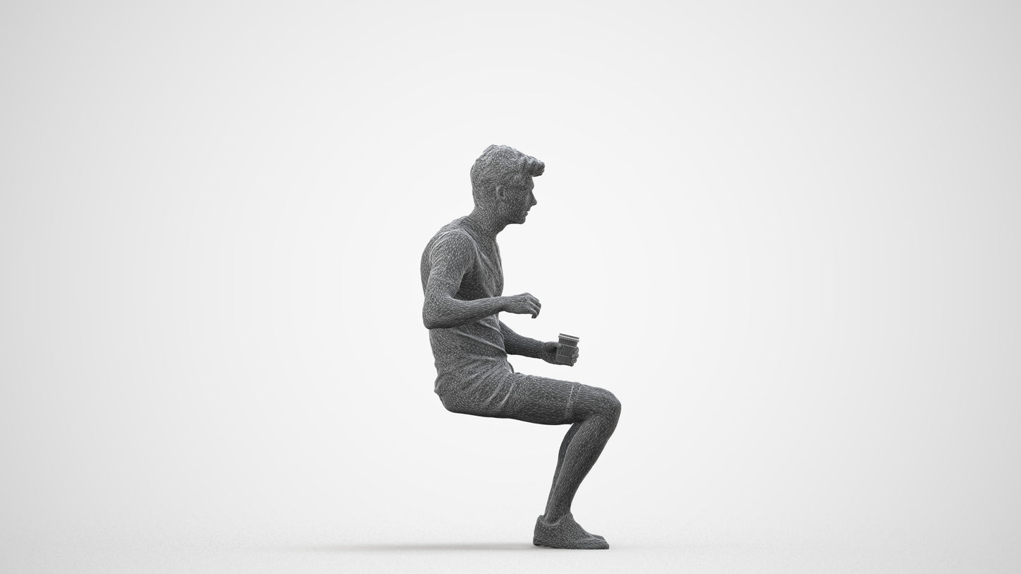 photogrammetry 3D man casual sitting, realistic human model archviz FBX, wireframe side view