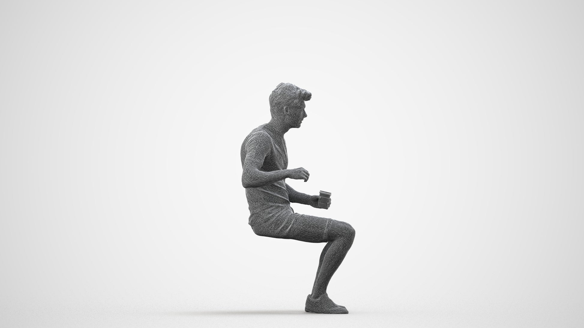 photogrammetry 3D man casual sitting, realistic human model archviz FBX, wireframe side view