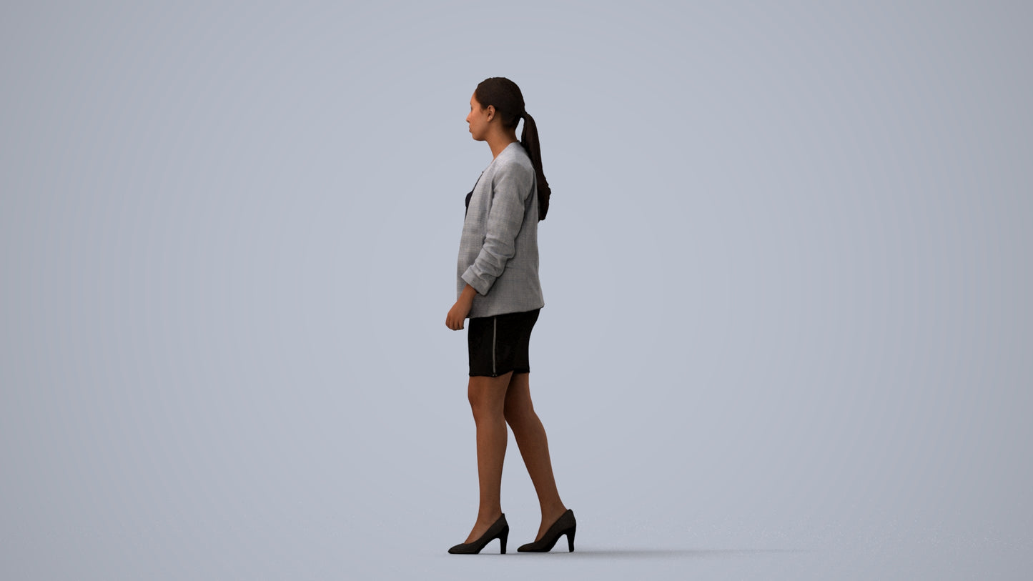 photogrammetry 3D woman business walking, realistic human model archviz FBX, three-quarter view render