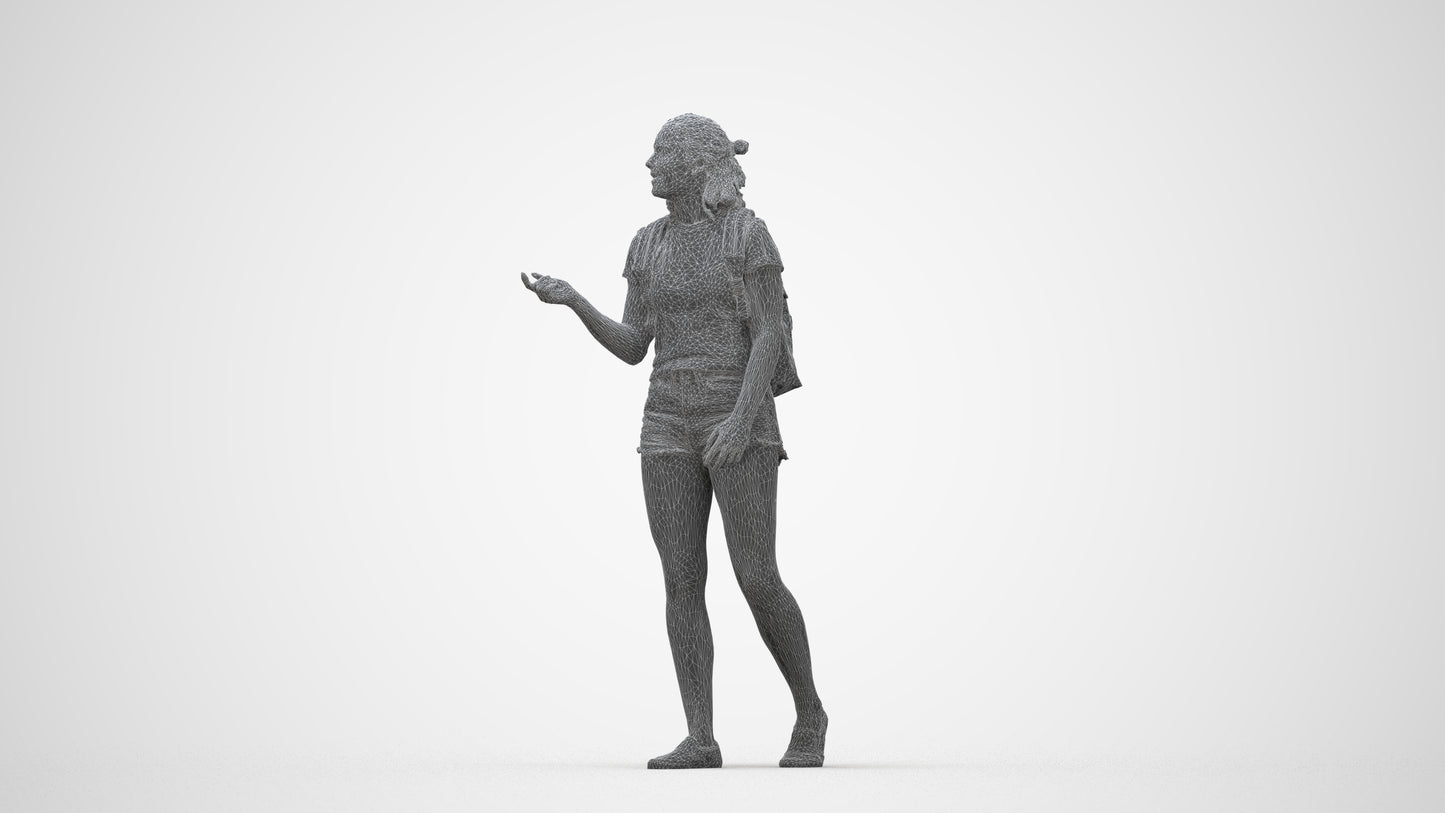 3D scanned girl standing casual, photorealistic archviz people for Enscape and SketchUp, wireframe back view