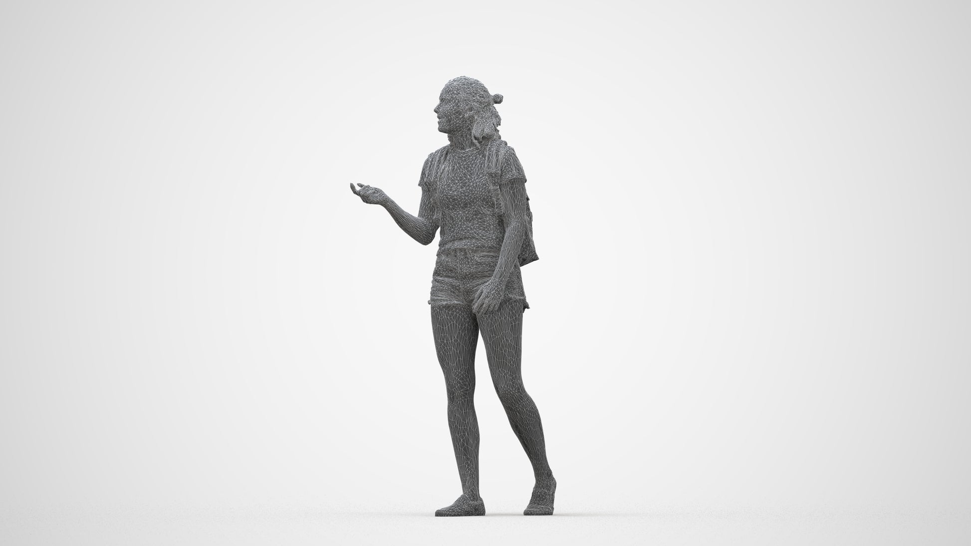 3D scanned girl standing casual, photorealistic archviz people for Enscape and SketchUp, wireframe back view