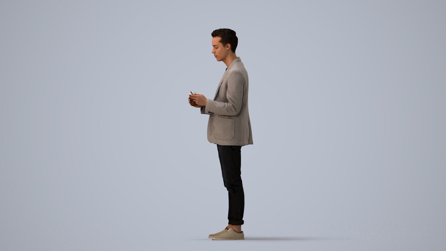 3D human model man business standing, photogrammetry scanned person for archviz, three-quarter view render
