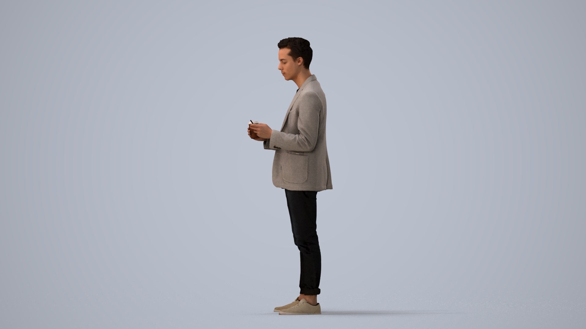 3D human model man business standing, photogrammetry scanned person for archviz, three-quarter view render