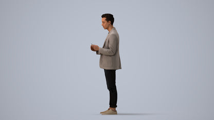 3D human model man business standing, photogrammetry scanned person for archviz, three-quarter view render