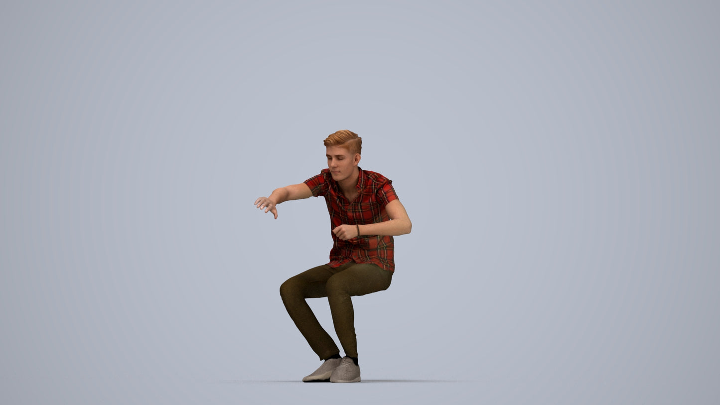 realistic 3D man casual sitting, scanned archviz people for Blender and 3ds Max, top-down view render