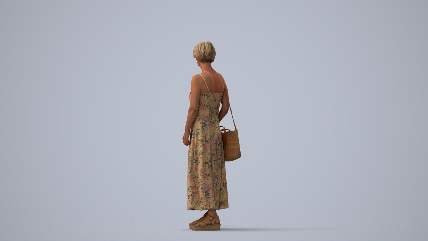 3D human model senior woman standing, photogrammetry scanned person for archviz, three-quarter view render