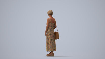 3D human model senior woman standing, photogrammetry scanned person for archviz, three-quarter view render