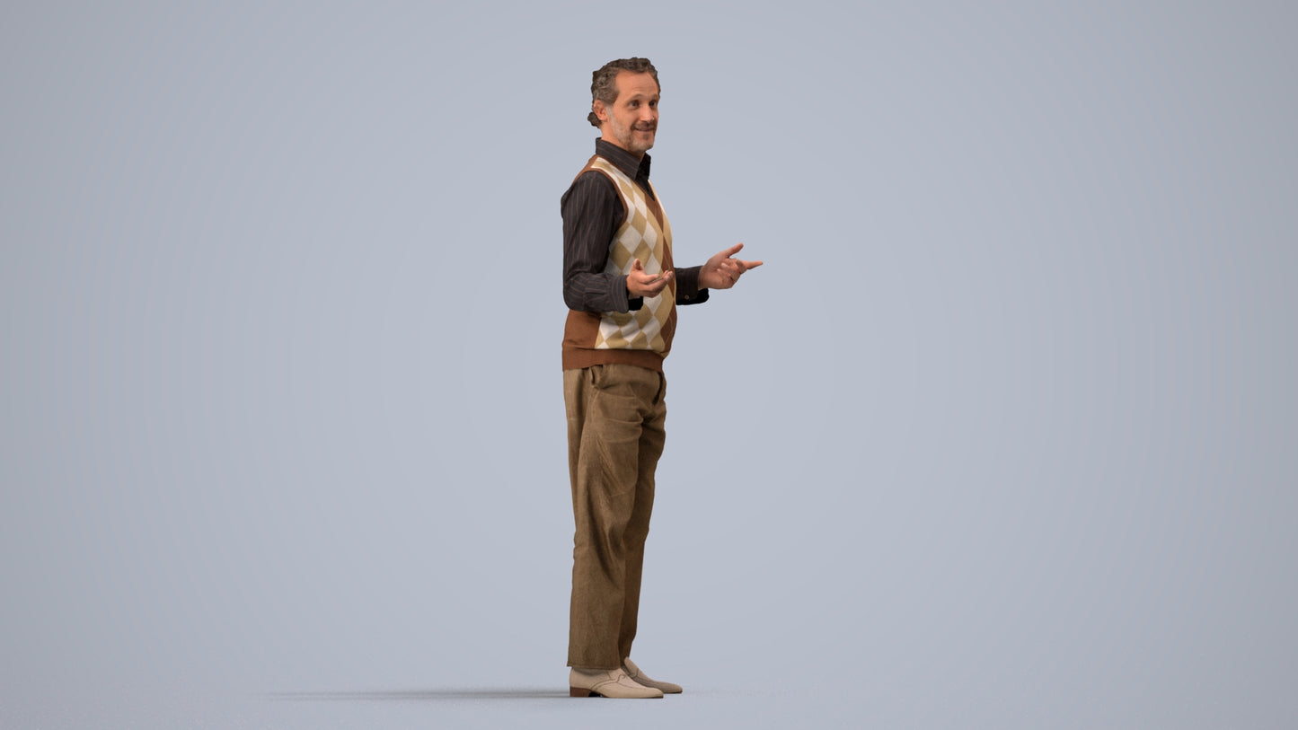 realistic 3D human man business standing, archviz people FBX OBJ for Blender, side view render