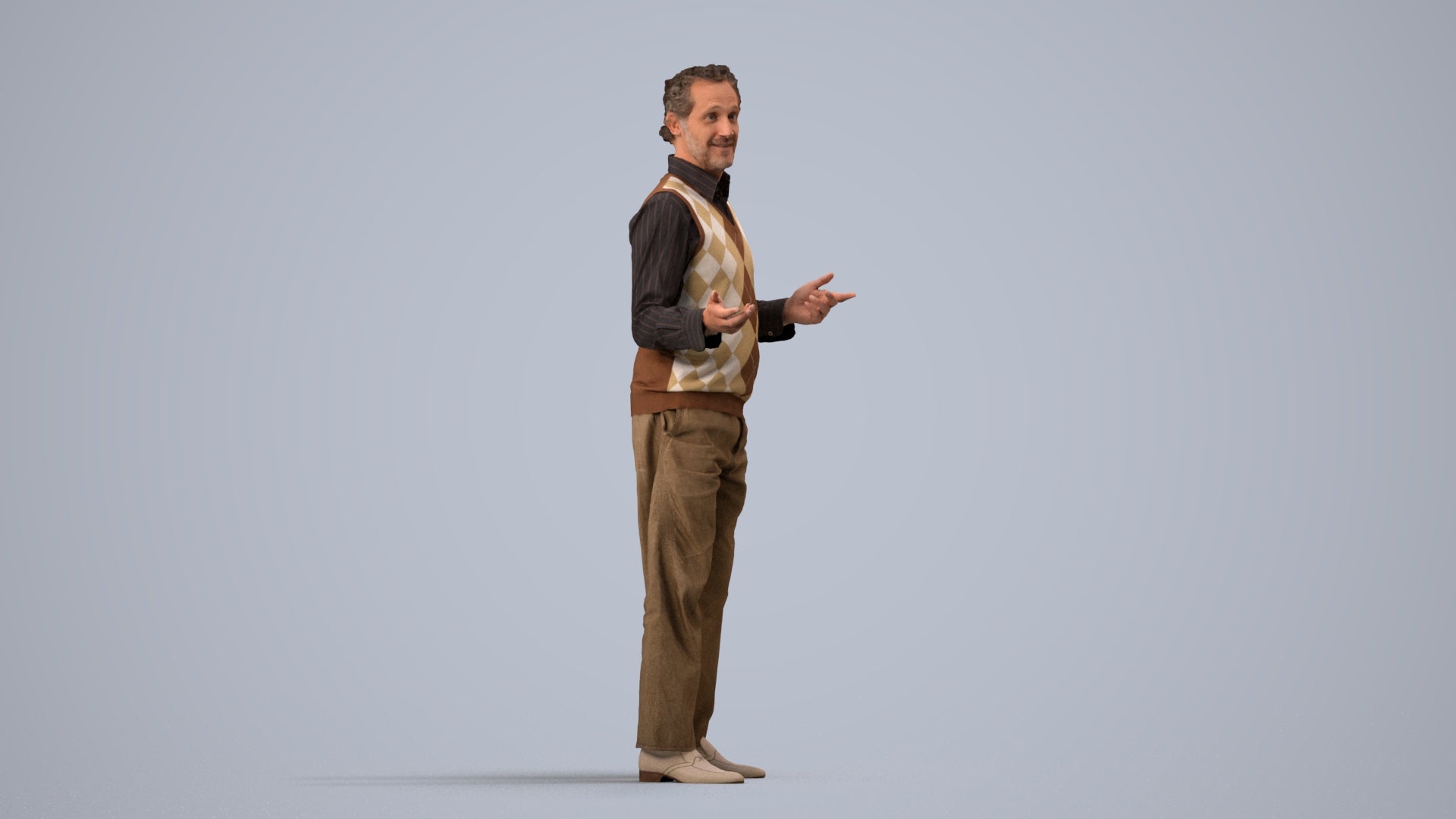 realistic 3D human man business standing, archviz people FBX OBJ for Blender, side view render