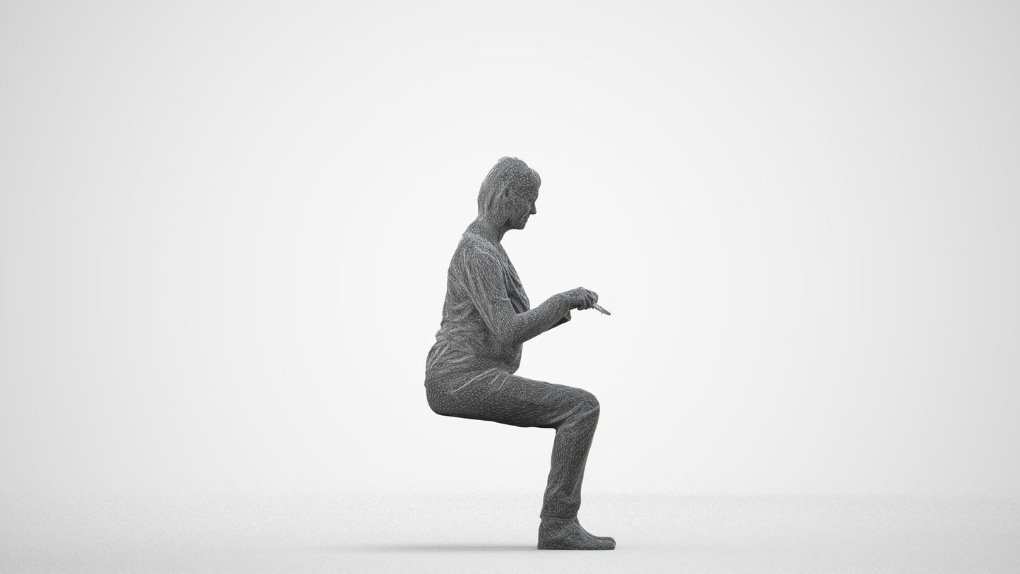 scanned 3D woman casual sitting, photogrammetry people for Enscape and V-Ray, wireframe side view