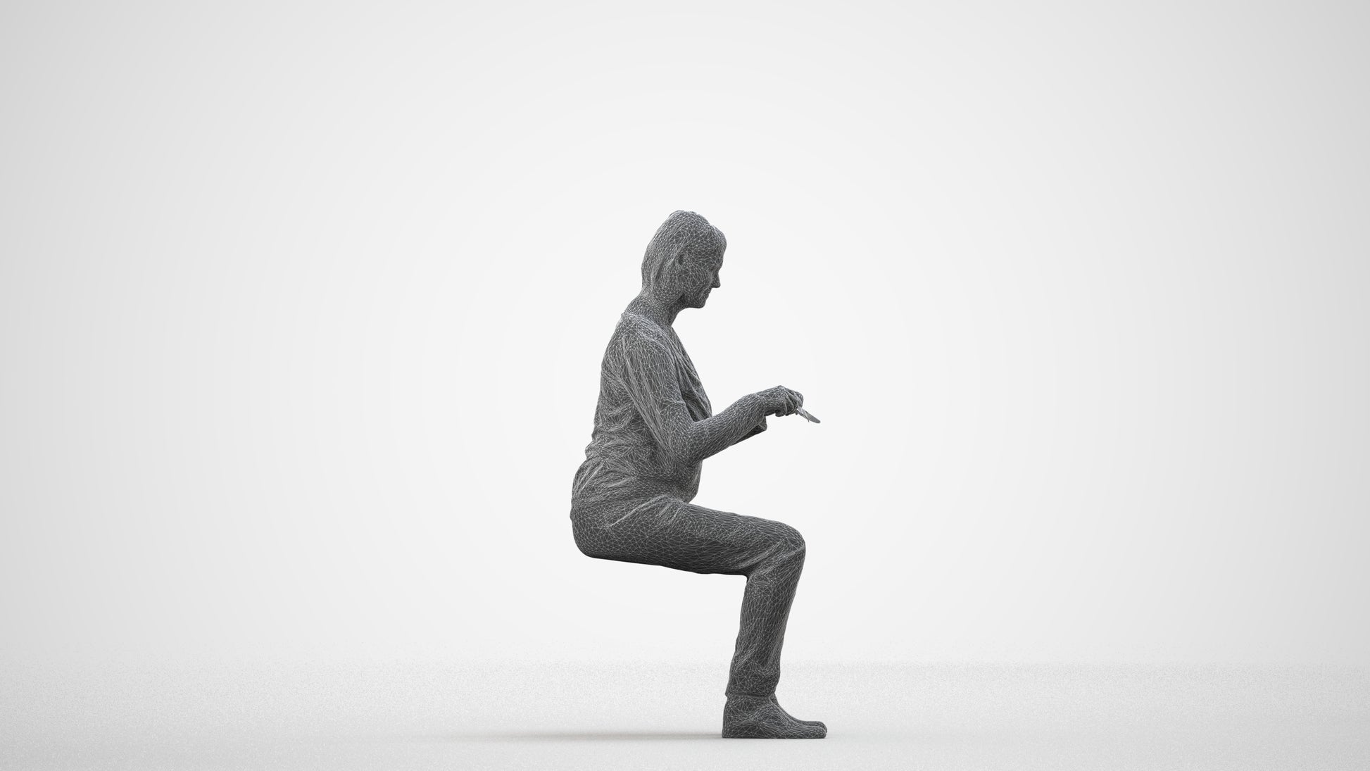 scanned 3D woman casual sitting, photogrammetry people for Enscape and V-Ray, wireframe side view