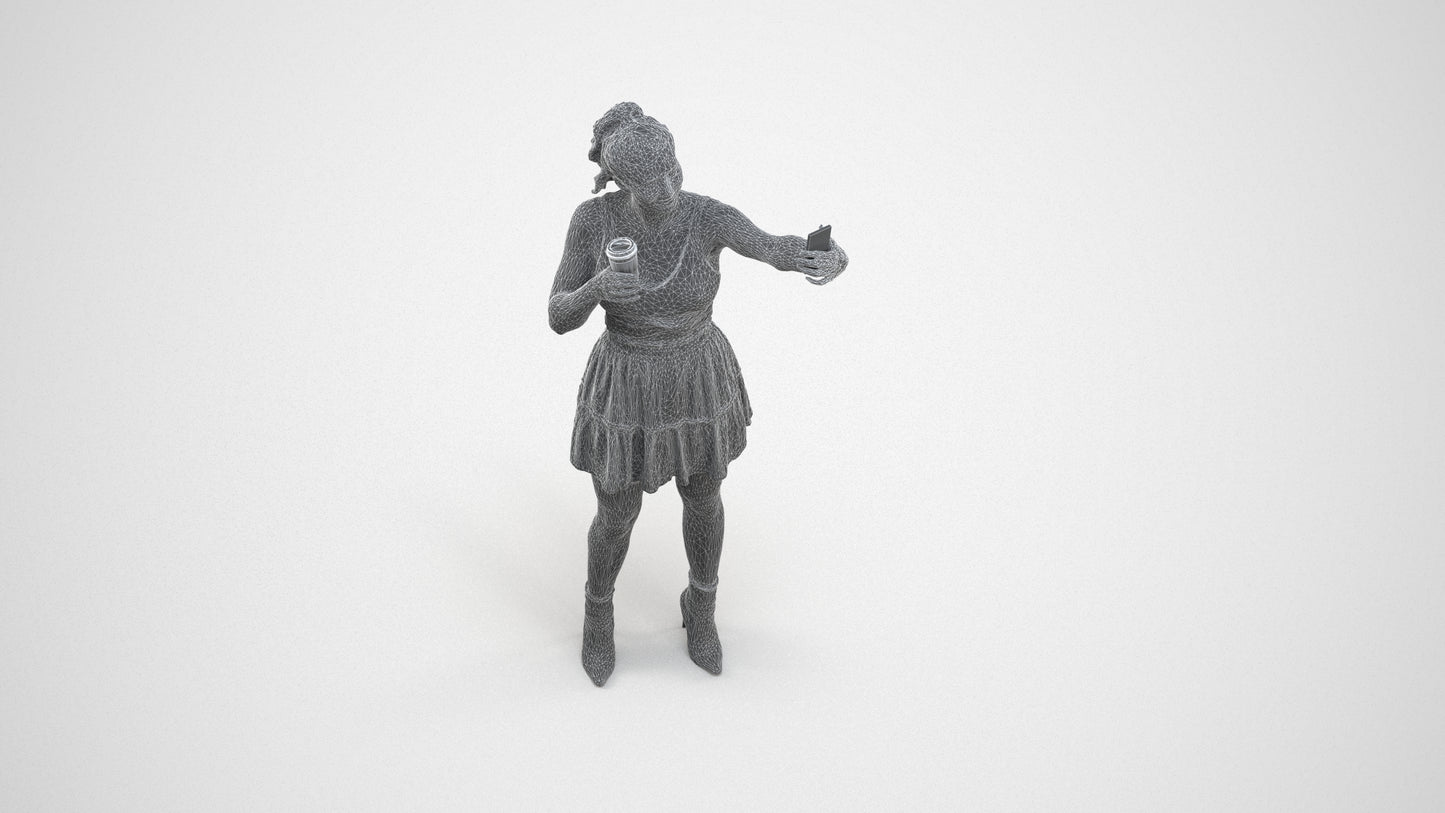 3D human model woman casual standing, photogrammetry scanned person for archviz, wireframe three-quarter view