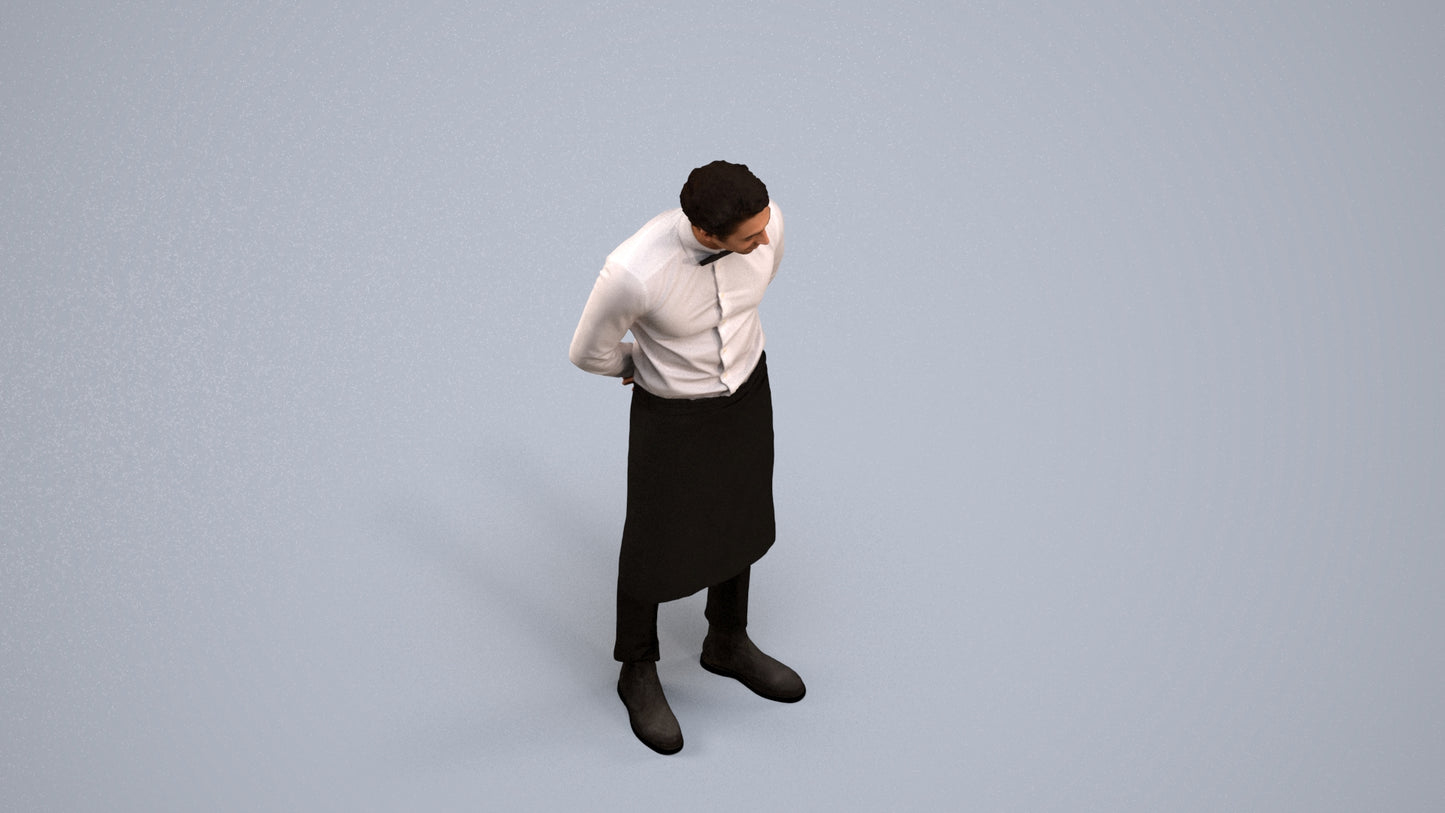 3D human model man hospitality, photogrammetry scanned person for archviz, back view render