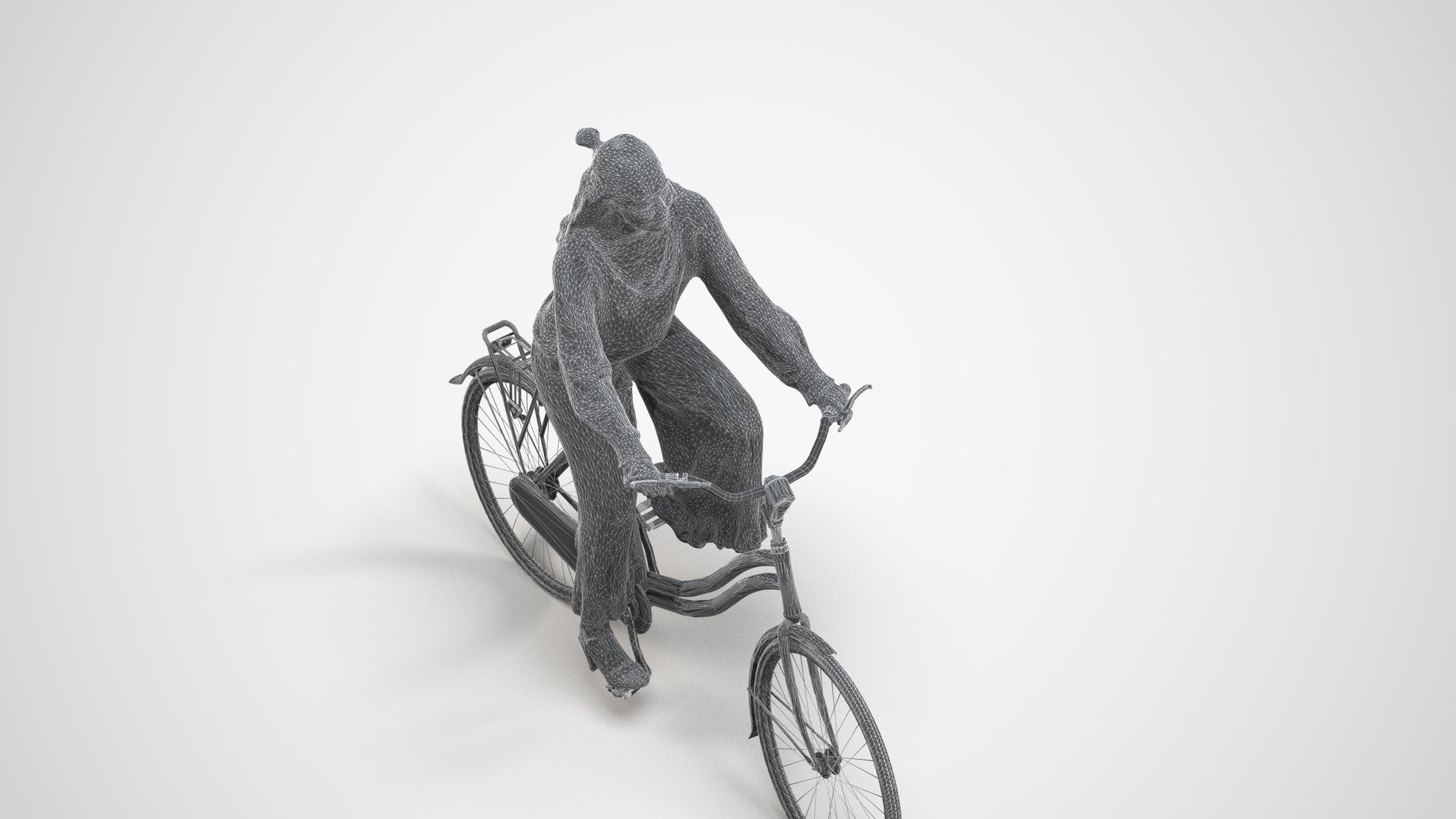 3D human model woman casual cycling, photogrammetry scanned person for archviz, wireframe three-quarter view
