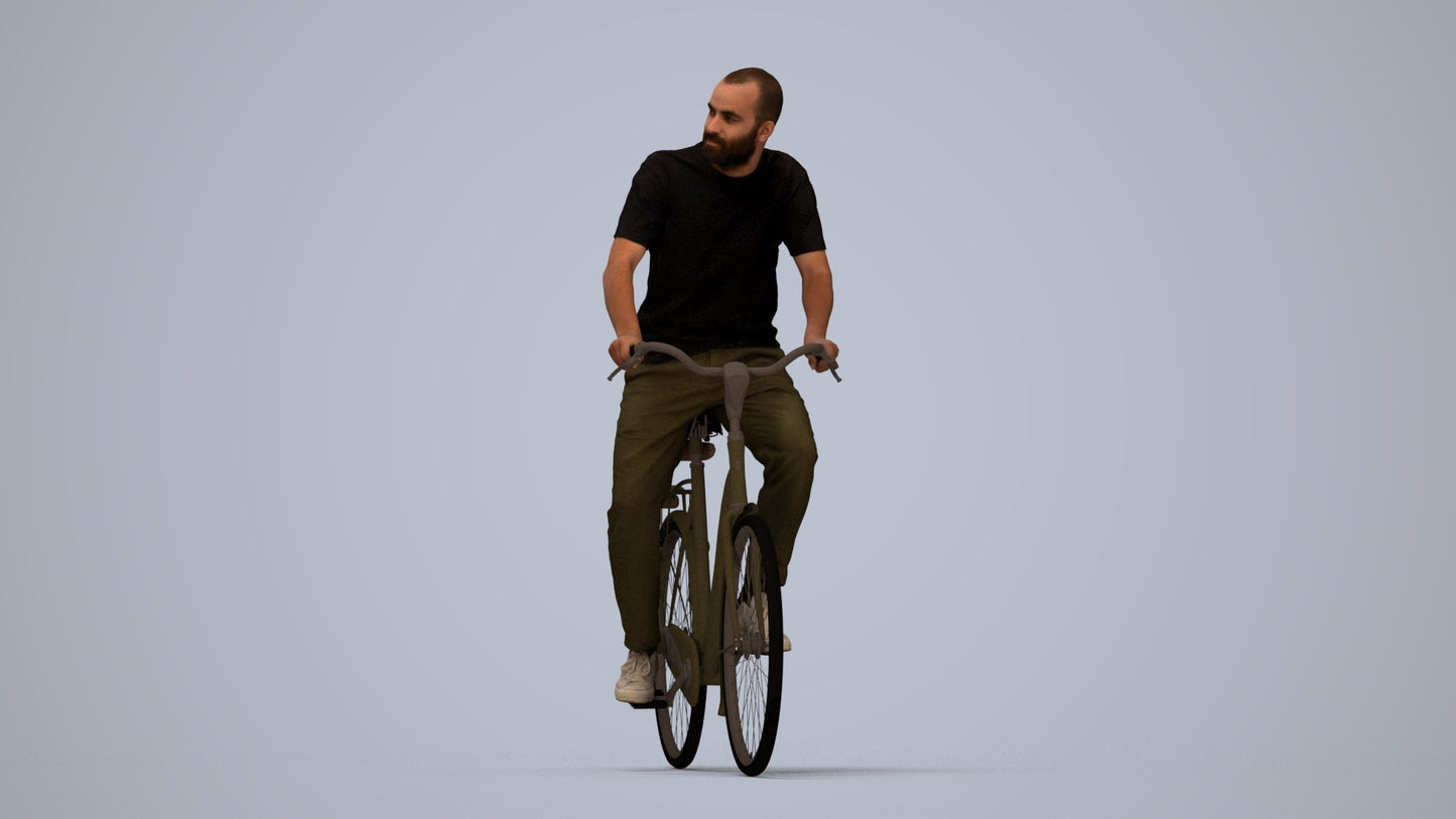 realistic 3D man casual cycling, scanned archviz people for Blender and 3ds Max, top-down view render