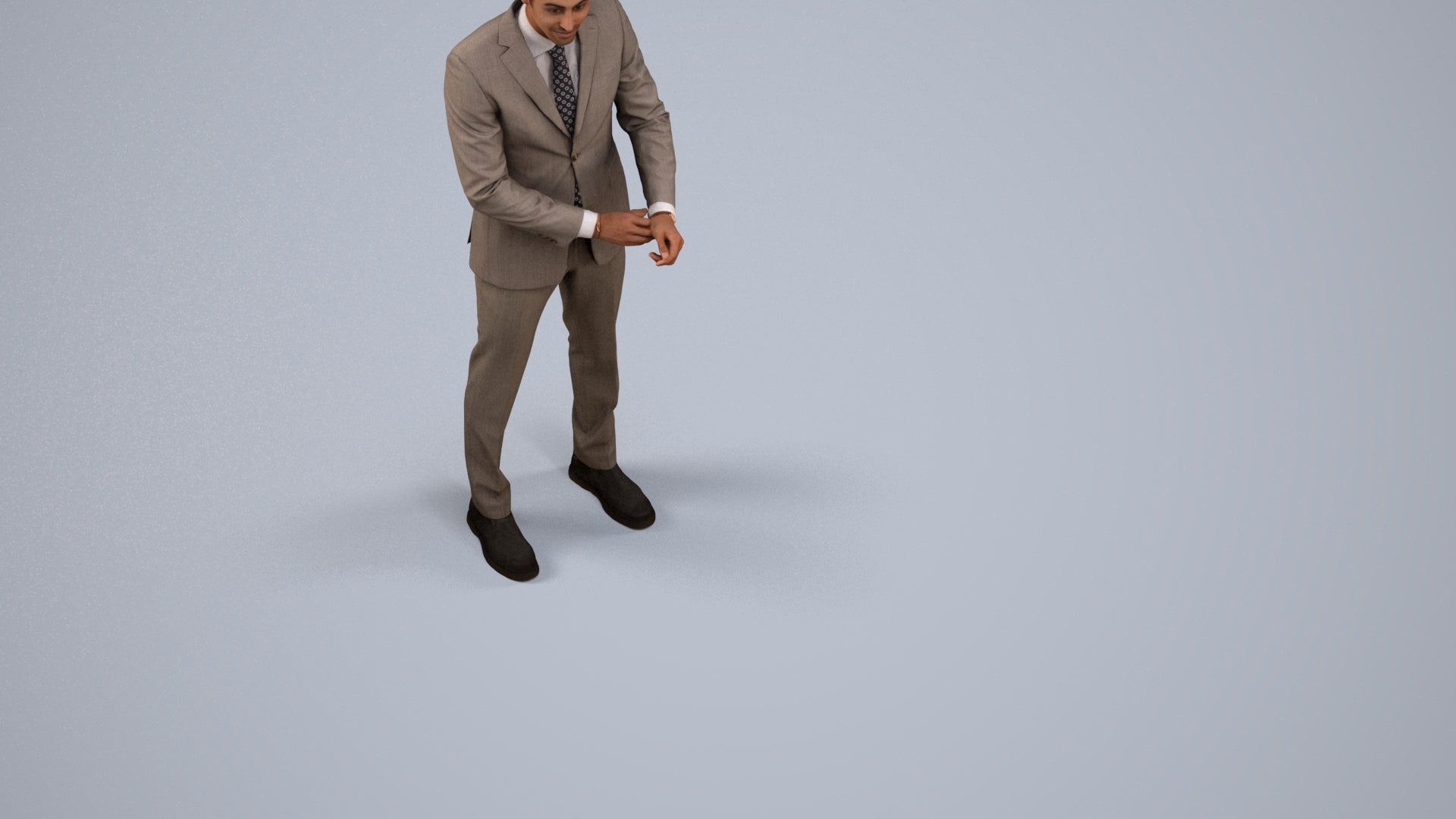 3D human model man business, photogrammetry scanned person for archviz, back view render