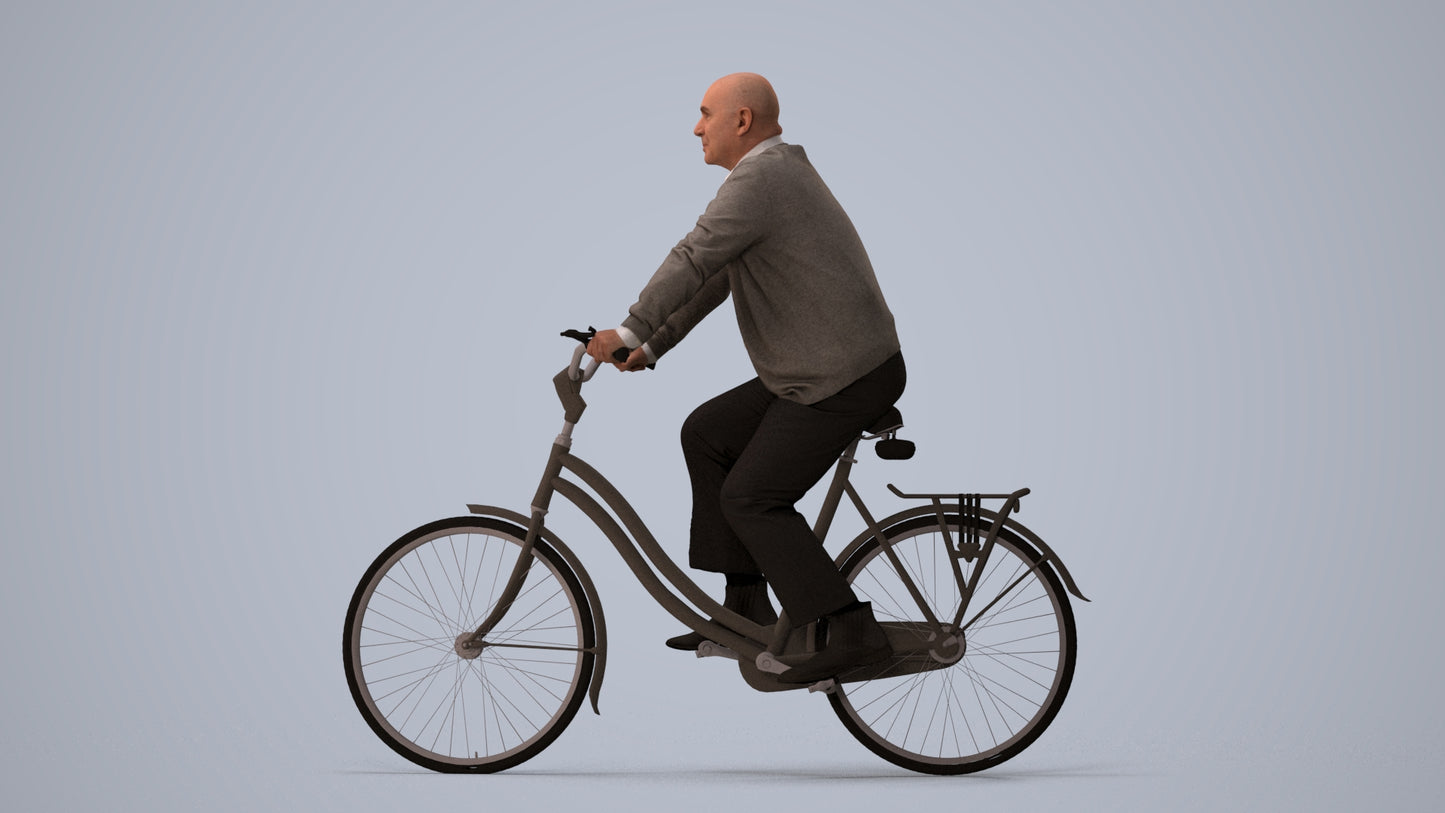 3D human model senior man business cycling, photogrammetry scanned person for archviz, three-quarter view render