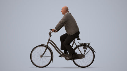 3D human model senior man business cycling, photogrammetry scanned person for archviz, three-quarter view render