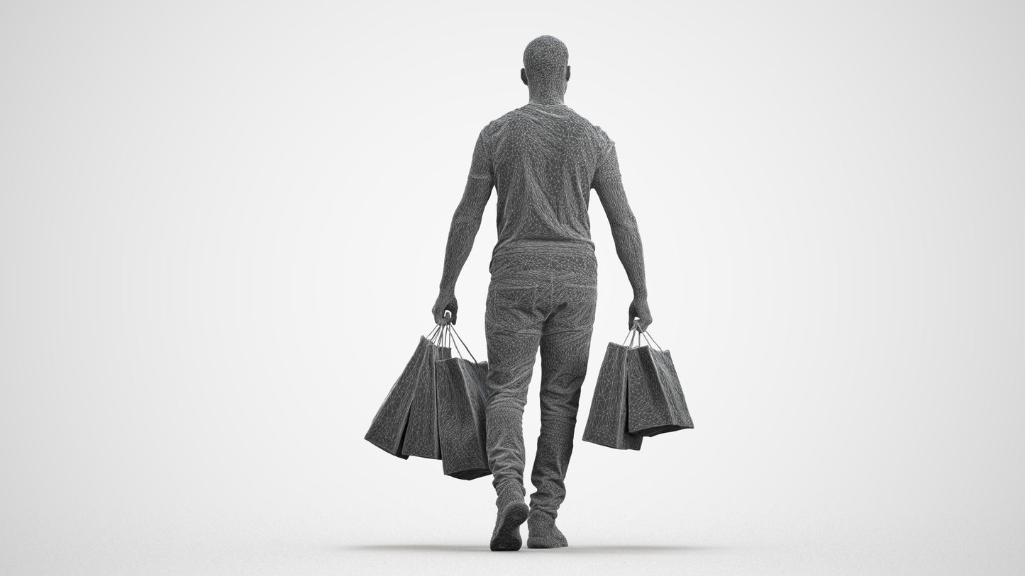 photogrammetry 3D man casual shopping, realistic human model archviz FBX, wireframe front view