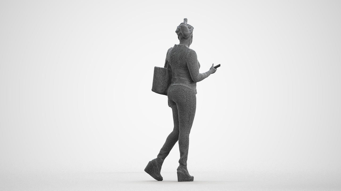 photogrammetry 3D woman casual walking, realistic human model archviz FBX, wireframe front view