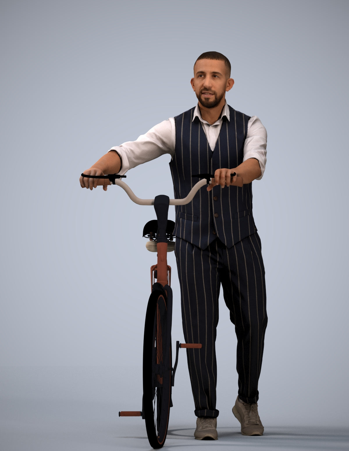 3D human model man business cycling, photogrammetry scanned person for archviz