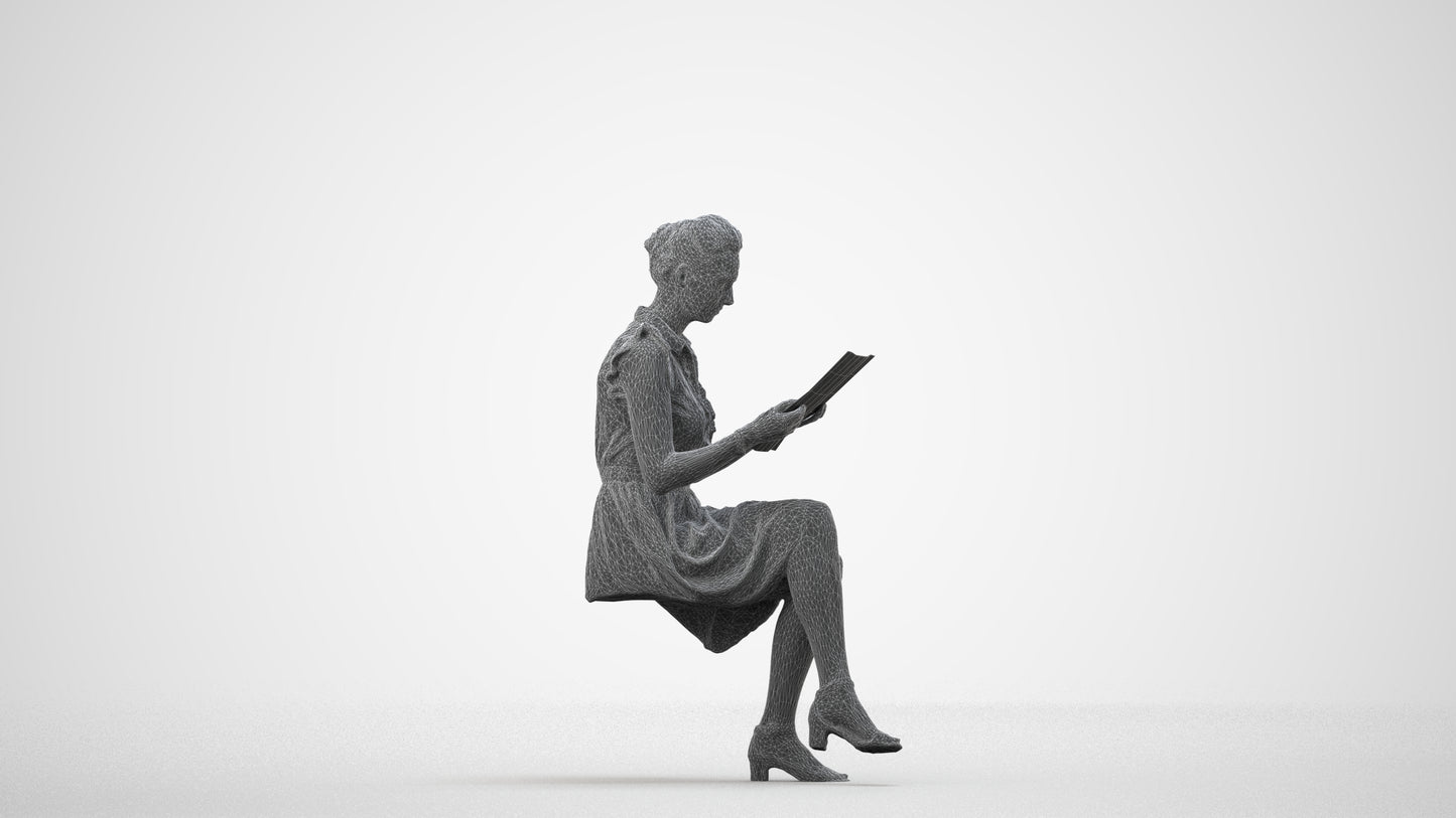 3D people model woman casual sitting, scanned human for 3ds Max rendering, wireframe side view