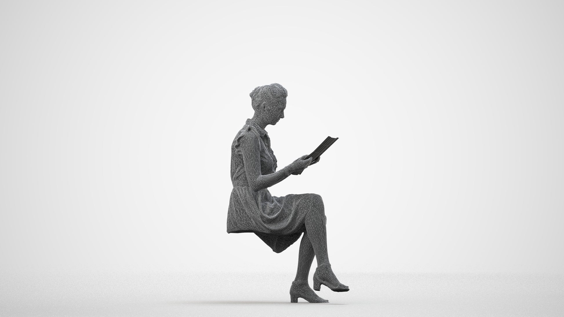 3D people model woman casual sitting, scanned human for 3ds Max rendering, wireframe side view