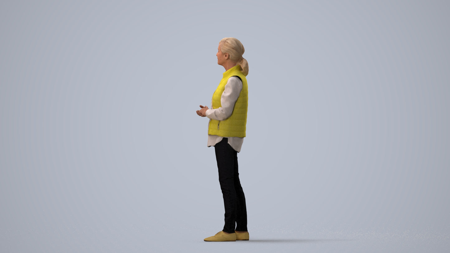 realistic 3D senior woman casual standing, scanned archviz people for Blender and 3ds Max, three-quarter view render